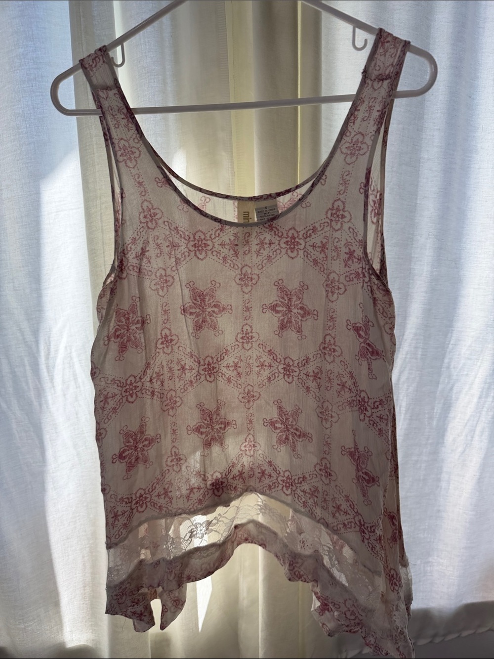 Mimi Chica Cream Sheer Camisole with Pink Floral Motif